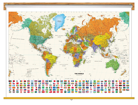 Contemporary World Map <br/>with Flags Classroom Pull Down